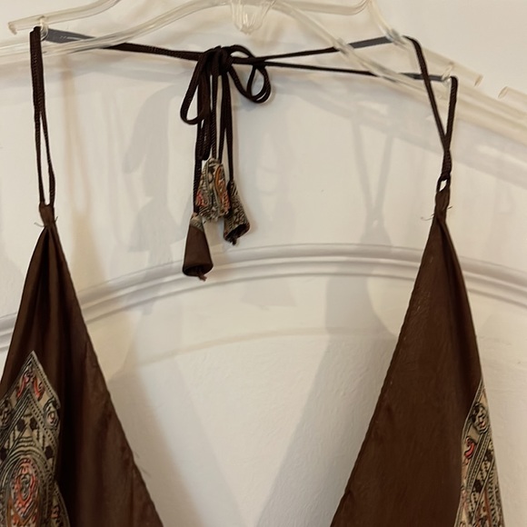 Satin handkerchief dress.  Brown with paisley print.  Never worn - Picture 5 of 6